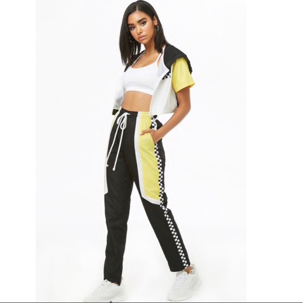 Colorblock Black and Yellow Cropped Windbreaker & Tracks Pant Set